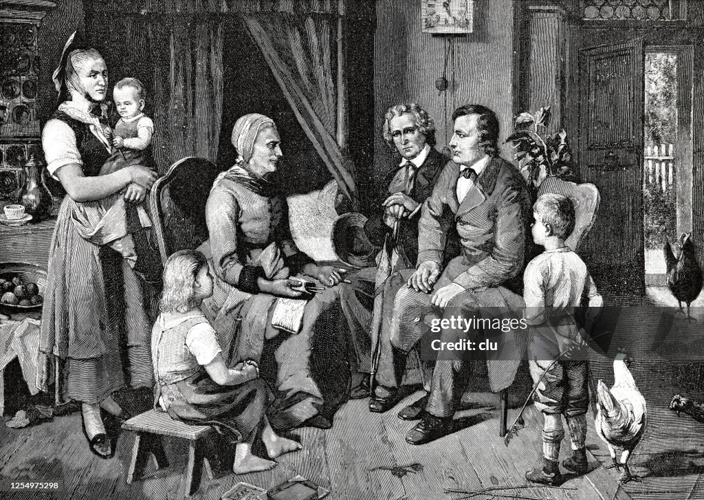 The Grimm brothers listen to a female senior storyteller in the living room