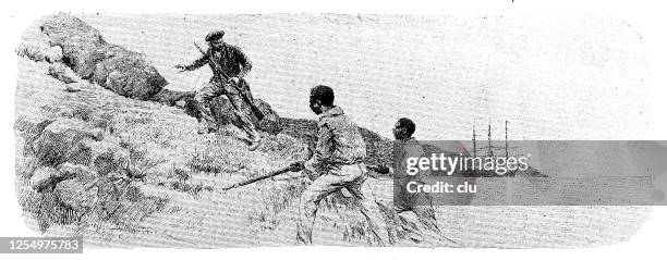 men with rifles explore an island - wonderlust stock illustrations