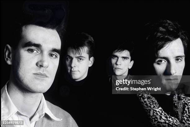 Composite group portrait of English alternative rock group The Smiths, taken at Johnny Marr's house in Manchester, 1986. L-R Morrissey, Andy Rourke,...