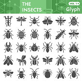 Insects solid icon set, bugs, beetles, termites symbols collection or sketches. Insects silhouettes glyph style signs for web and app. Vector graphics isolated on white background.
