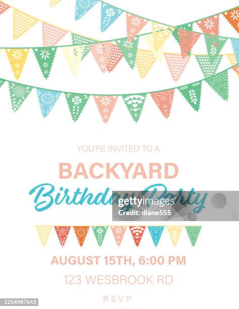 papel picado flags birthday invitation template - backyard party decorations stock illustrations