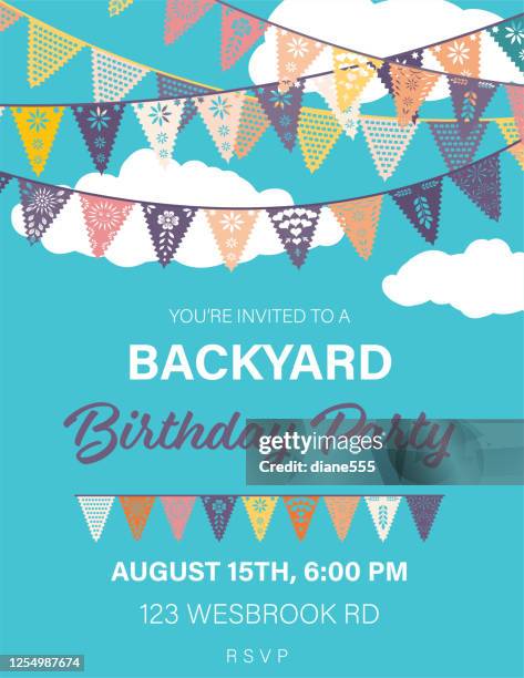 papel picado flaggen geburtstag einladung vorlage - gartenparty stock-grafiken, -clipart, -cartoons und -symbole