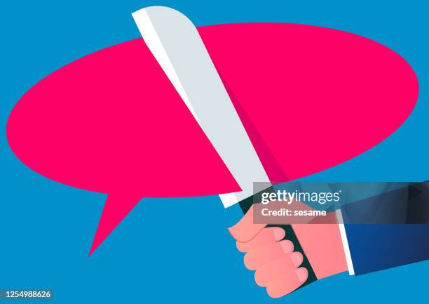 termination of dialogue, cancellation of agreement, termination of contract, speech bubble cut by knife - broken contract stock illustrations