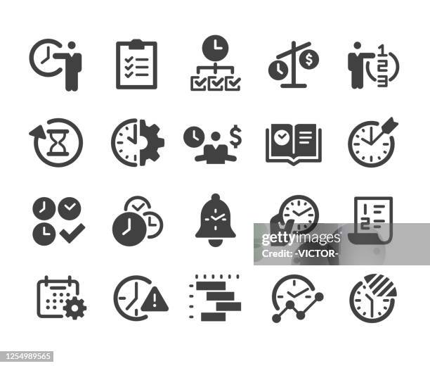 zeitmanagement icons set - classic series - holzstamm stock-grafiken, -clipart, -cartoons und -symbole