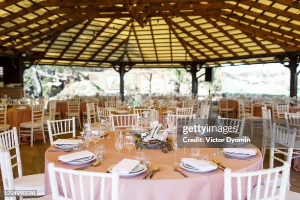 luxury reception area at the huge terrace - wedding canopy decoration photos et images de collection
