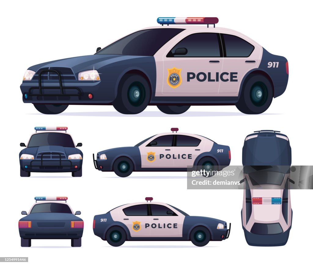 Police Car Rear Drawing Police Patrol Car Set View Front Rear Side Top High-Res Vector Graphic ...