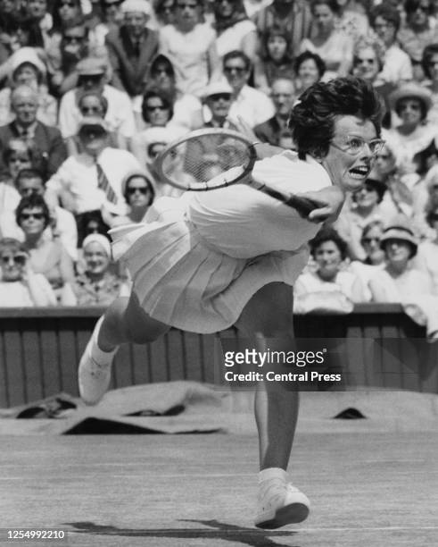 Billie Jean King of the United States reaches to deliver a forehand return on her way to defeating Margaret Smith Court 6-3, 6-3 in their Women's...