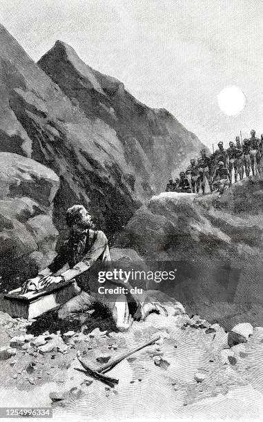 man is observed by his shipmates while digging up a treasure - finding treasure stock illustrations