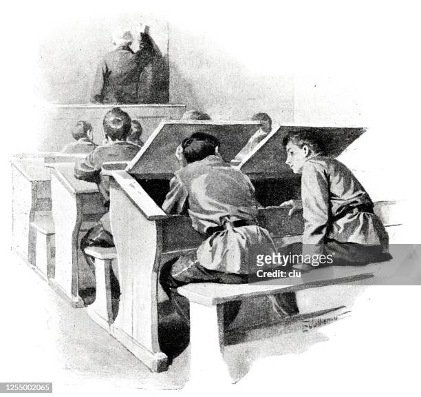 two boys in the classroom, hiding behind folded up tables, rear view - learn from the past stock illustrations