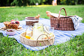 Healthy vegetarian picnic with a fresh fruits and bakery products.