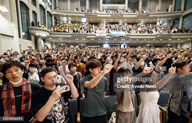 People stage a rally in Ginowan, Okinawa Prefecture, in protest over the prefecture's continued hosting of the bulk of U.S. Bases in Japan on May 14...