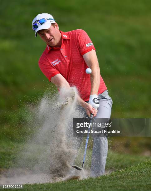 Steven Tiley of England plays a shot during practice prior to the Austrian Open at Diamond Country Club on July 08, 2020 in Atzenbrugg, Austria.