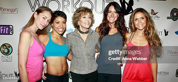 Instructors Tara Stiles, Jeanette Jenkins, Karena Dawn and Katrina Hodgson pose with actress Jane Fonda at the Jane Fonda Workout Launch Event at The...