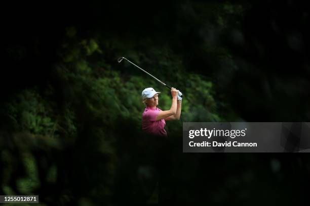 Trish Johnson of England plays her tee shot on the third hole during the Open Access Masters Clutch Pro Tour Event at Sunningdale Heath Golf Club on...