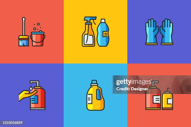 cleaning related flat line icons. vector symbol illustration. - clean house stock illustrations