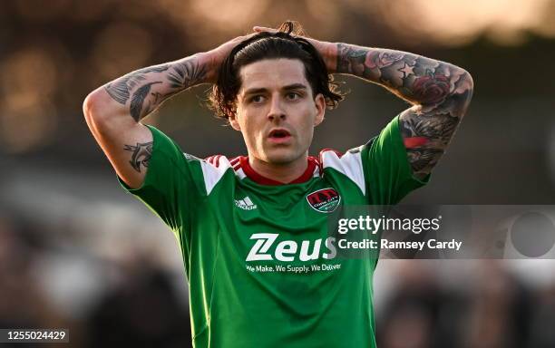 Louth , Ireland - 12 May 2023; Ruairi Keating of Cork City reacts after a missed chance during the SSE Airtricity Men's Premier Division match...