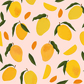 Seamless pattern with fresh bright exotic whole and sliced mango isolated on white background. Summer fruits for healthy lifestyle. Organic fruit. Cartoon style. Vector illustration for any design.