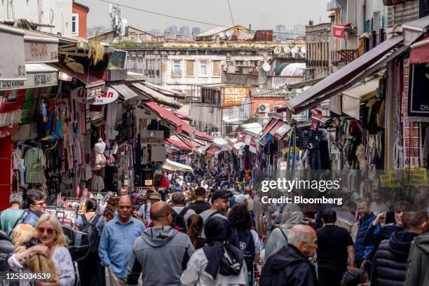 Crowds on a busy market street in Istanbul, Turkey, on Monday, May 15, 2023. Turkey's markets slumped as the nation appears headed for a runoff...