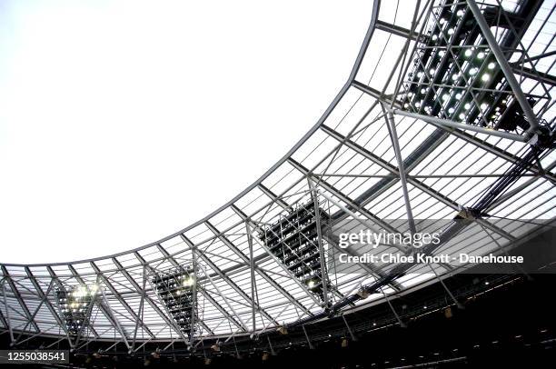 General view of the stadium ahead of the Premier League match between West Ham United and Burnley FC at London Stadium on July 08, 2020 in London,...