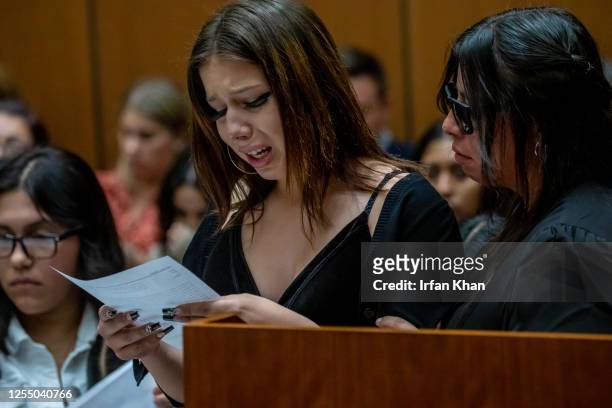 Cousin Dana Barron breaks down while addressing court at the sentencing of Heather Barron and Kareem Ernesto Leiva, defendants in Anthony Avalos...