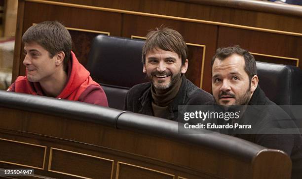 Luis Fernandez, Fernando Tejero and Angel Martin attend the public reading of the Spanish Constitution at Palace of the Parliament on December 3,...