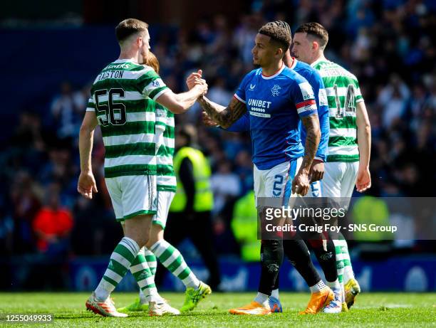 Celtic's Anthony Ralston and Rangers' James Tavernier shake hands after a cinch Premiership match between Rangers and Celtic at Ibrox Stadium, on May...