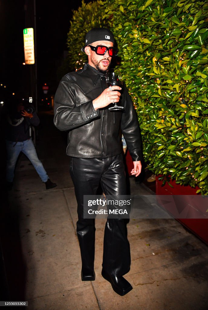 Bad Bunny is seen leaving the SHOREbar on May 14, 2023 in Santa... News