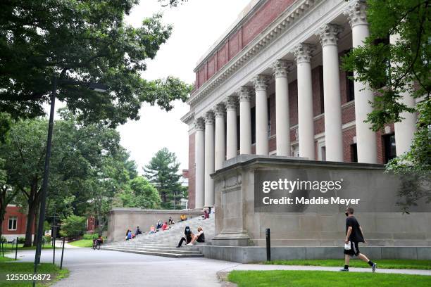 View of Harvard Yard on the campus of Harvard University on July 08, 2020 in Cambridge, Massachusetts. Harvard and Massachusetts Institute of...