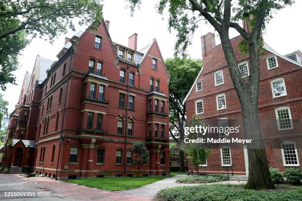 View of Harvard Yard on the campus of Harvard University on July 08, 2020 in Cambridge, Massachusetts. Harvard and Massachusetts Institute of...