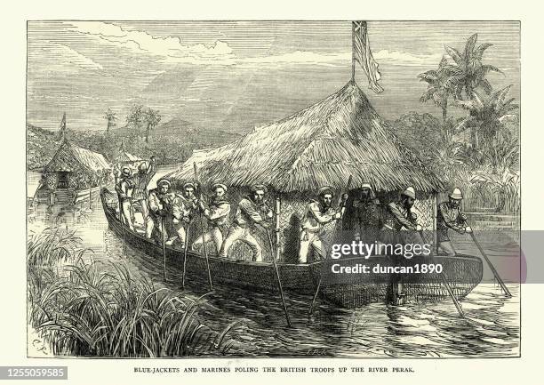 royal marines and blue jacket sailing up river perak - perak malaysia stock illustrations