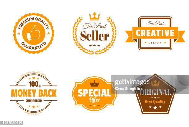satz von orange abzeichen und etiketten - design-elemente - abzeichen stock-grafiken, -clipart, -cartoons und -symbole