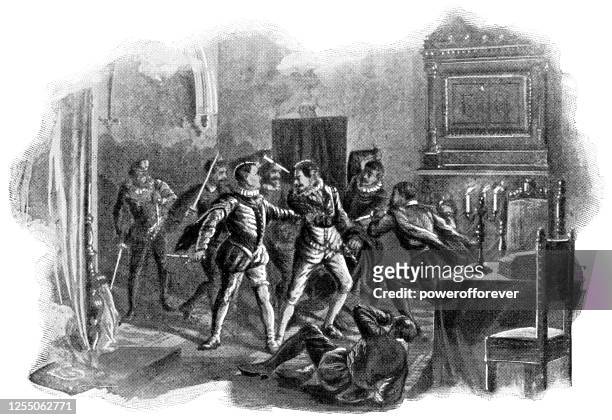 stockillustraties, clipart, cartoons en iconen met henry i, hertog van guise wordt vermoord in koninklijk château de blois in blois, frankrijk - 16e eeuw - hertog