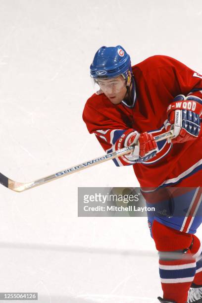 Stephane Robidas of the Montreal Canadiens warms up before a NHL hockey game against the Washington Capitals at MCI Center on January 23, 2002 in...