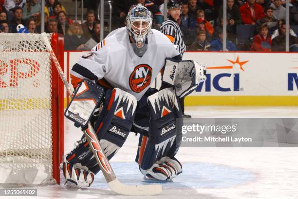 Garth Snow of the New York Islanders in position during a NHL hockey game against the Washington Capitals at MCI Center on January 1, 2002 in...