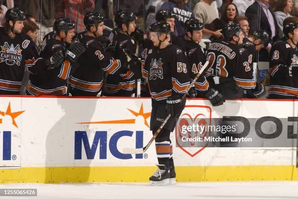 Sergie Gonchar of the New York Rangers celebrates a goal during a NHL hockey game against the Washington Capitals at MCI Center on November 23, 2001...