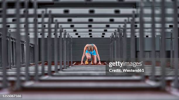 germany, baden wurttemberg, winterbach, female hurdler right before sprint - hurdles stock-fotos und bilder