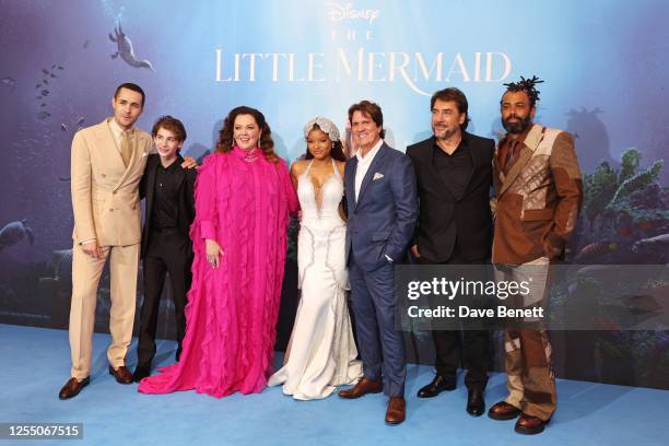 Jonah Hauer-King, Jacob Tremblay, Melissa McCarthy, Halle Bailey, Rob Marshall, Javier Bardem and Daveed Diggs attend the UK Premiere of "The Little...