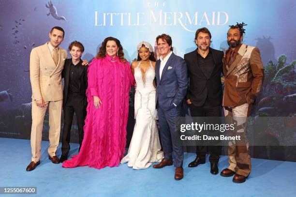 Jonah Hauer-King, Jacob Tremblay, Melissa McCarthy, Halle Bailey, Rob Marshall, Javier Bardem and Daveed Diggs attend the UK Premiere of "The Little...