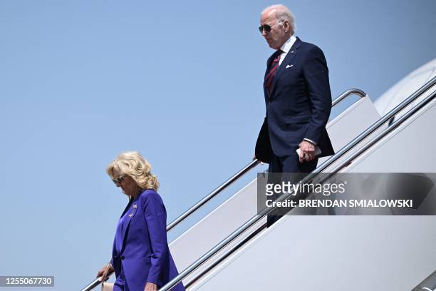 President Joe Biden and US First Lady Jill Biden disembark Air Force One at Joint Base Andrews in Maryland on May 15 as they return from travel to...