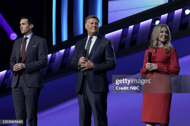 NBCUniversal Upfront in New York City on Monday, May 15, 2023 -- Pictured: Andrew Ross Sorkin, Joe Kernen, Becky Quick, "Squawk Box" on CNBC --