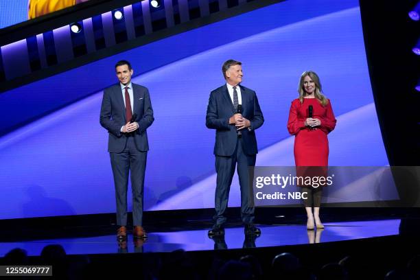 NBCUniversal Upfront in New York City on Monday, May 15, 2023 -- Pictured: Andrew Ross Sorkin, Joe Kernen, Becky Quick, "Squawk Box" on CNBC --