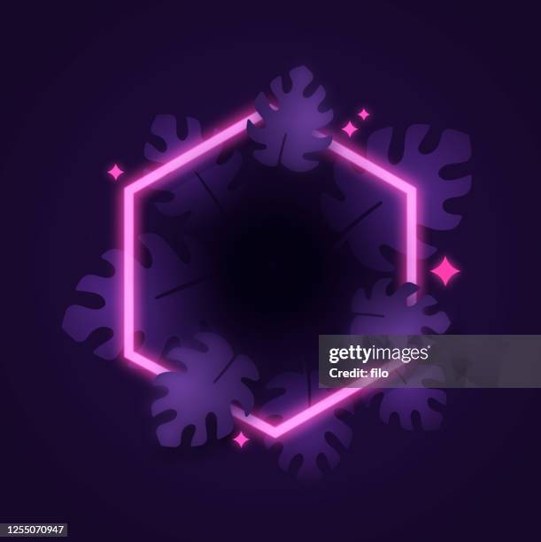 tropical leaf glowing hexagon frame - glow sticks background stock illustrations