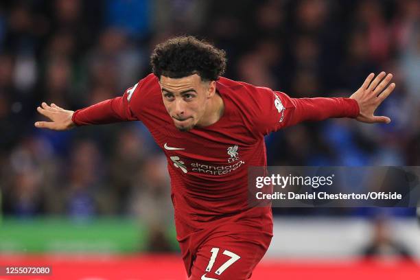 Curtis Jones of Liverpool celebrates scoring their 2nd goal during the Premier League match between Leicester City and Liverpool FC at The King Power...