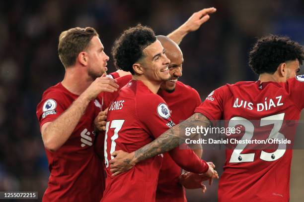 Curtis Jones of Liverpool celebrates scoring their 2nd goal during the Premier League match between Leicester City and Liverpool FC at The King Power...