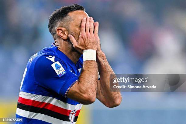 Fabio Quagliarella of Sampdoria reacts with disappointment during the Serie A match between UC Sampdoria and Empoli FC at Stadio Luigi Ferraris on...