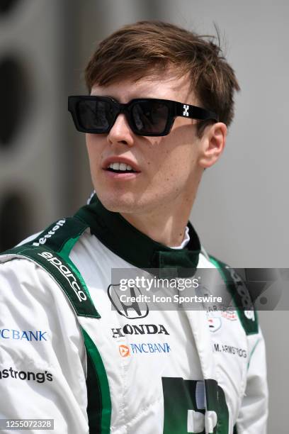 Marcus Armstrong walks to his car before the NTT IndyCar Series GMR Grand Prix on May 13 at Indianapolis Motor Speedway Road Course in Indianapolis,...