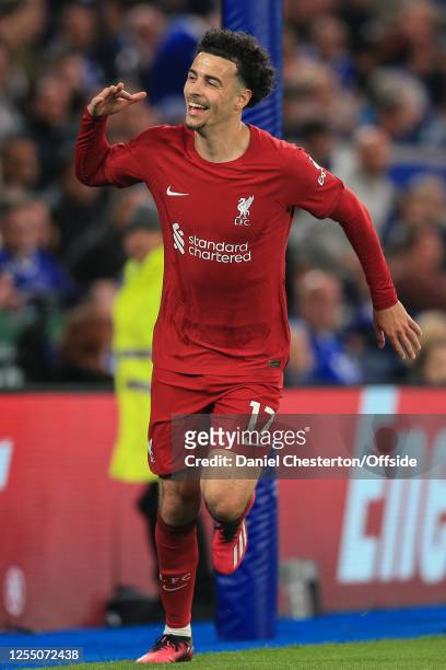 Curtis Jones of Liverpool celebrates scoring their 1st goal during the Premier League match between Leicester City and Liverpool FC at The King Power...