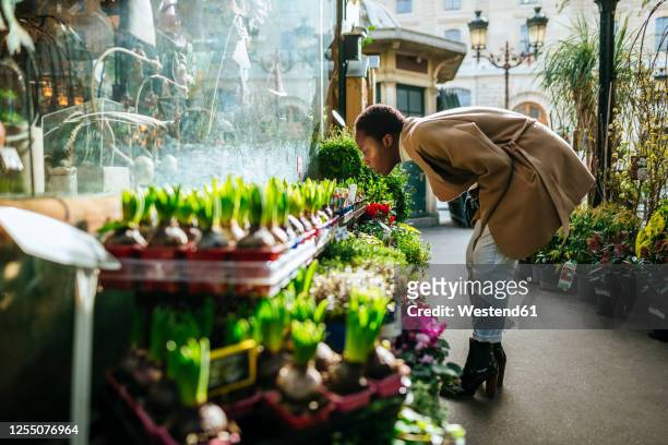 woman smelling flowers at market in paris, france - paris france stock-fotos und bilder