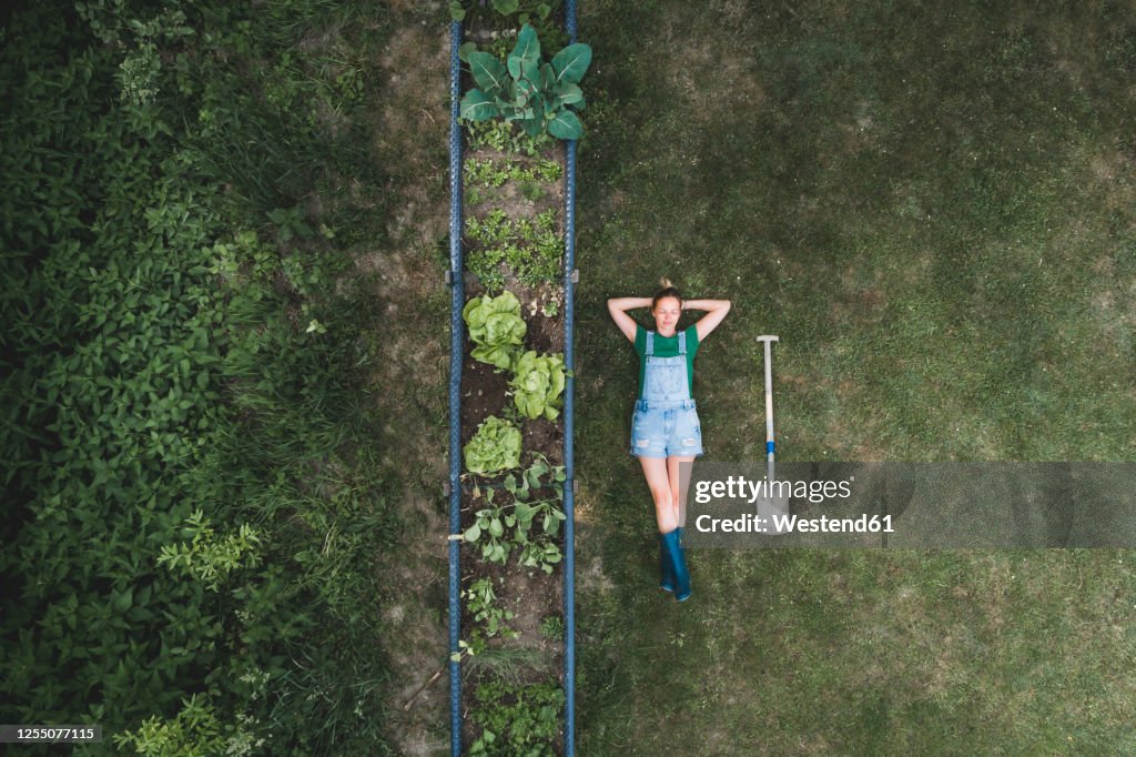 Aerial view of woman lying by raised bed on land in yard