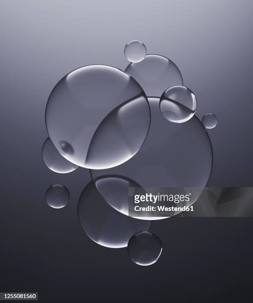 illustrazioni stock, clip art, cartoni animati e icone di tendenza di three dimensional render of transparent glass spheres against gray background - liquido